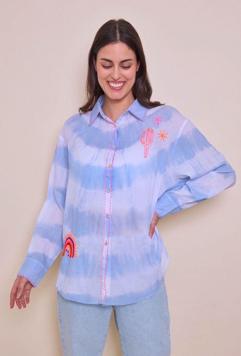 Cactus Rainbow Tie-Dye Button-Up Shirt