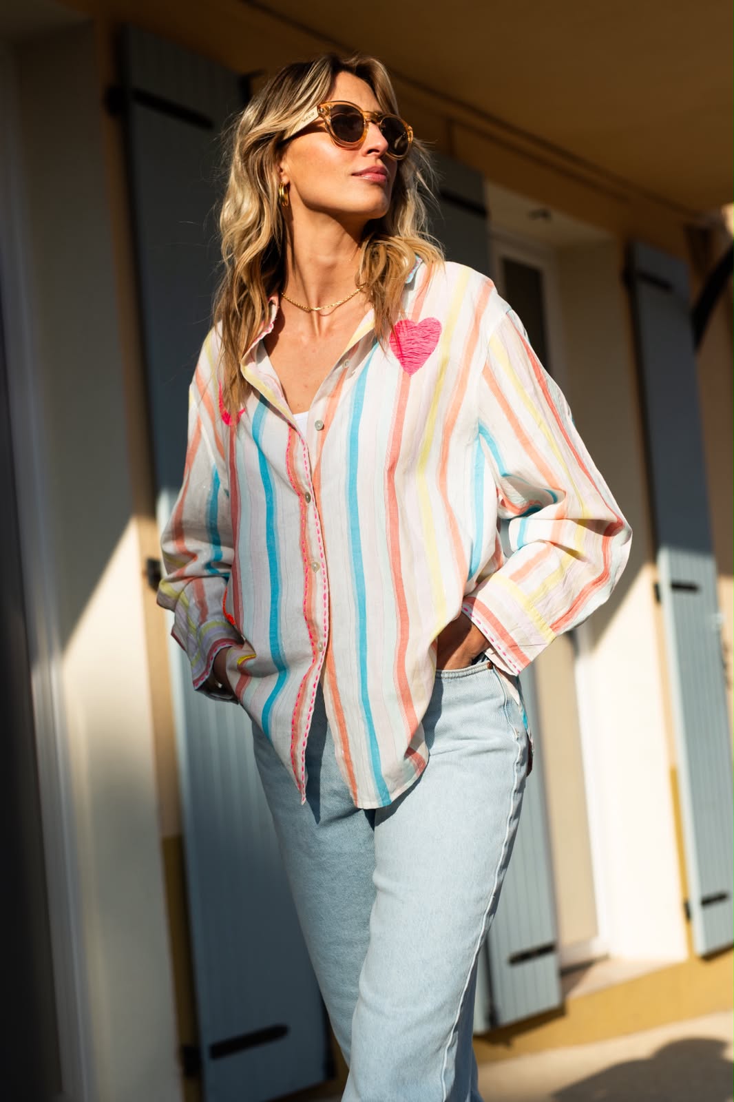 Stripes Heart-Embroidered Shirt