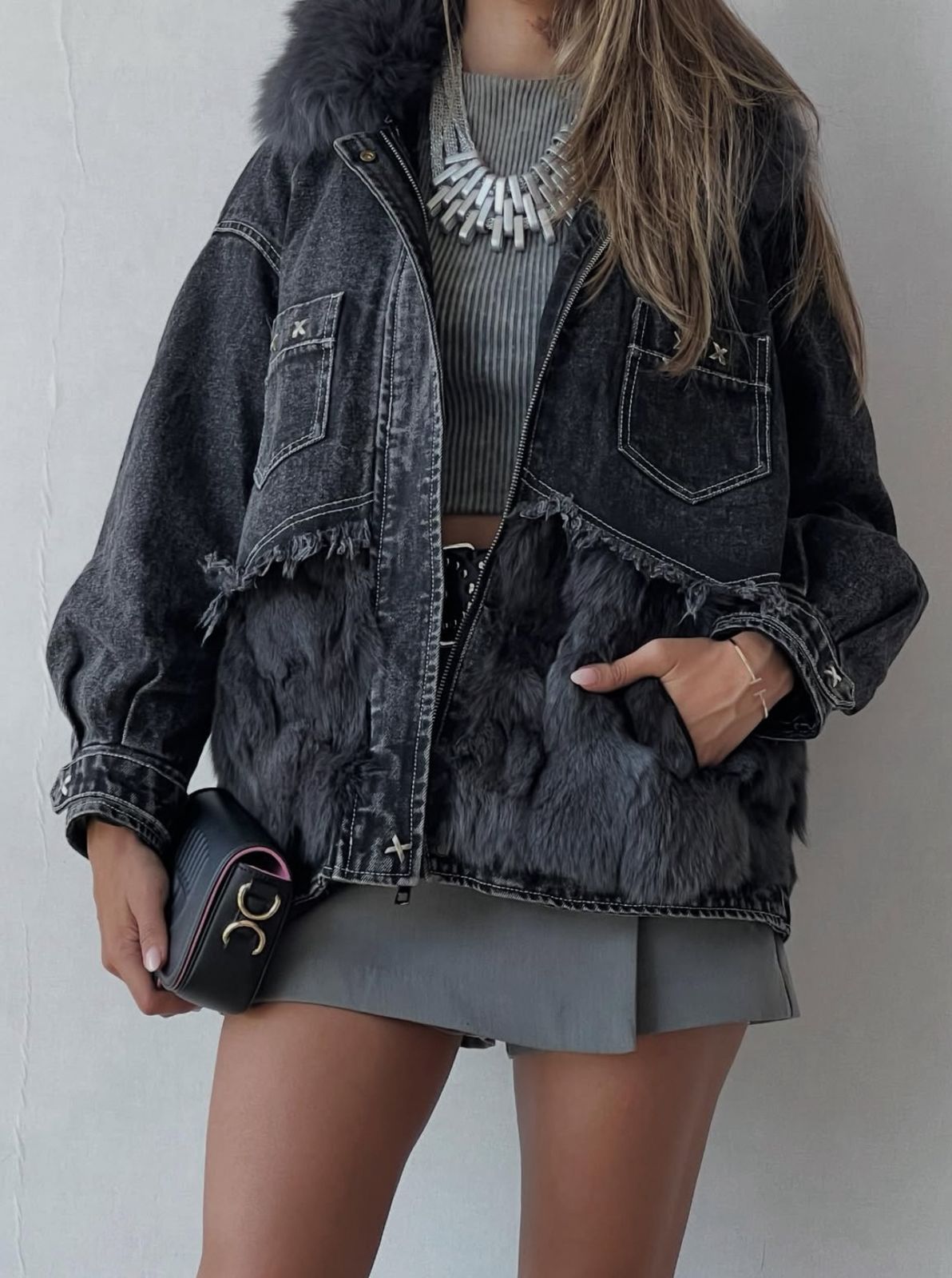 Dark Grey Denim Jacket -Fox Fur