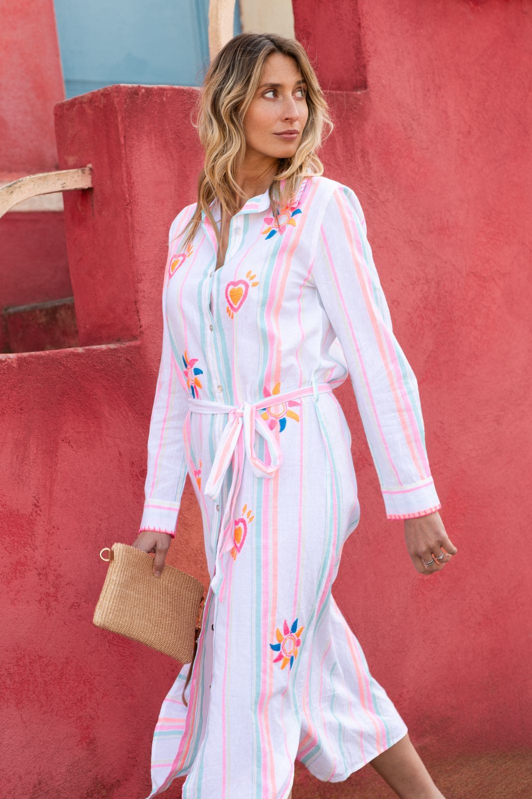 Fiesta Stripe Heart-Embroidered Shirt Dress