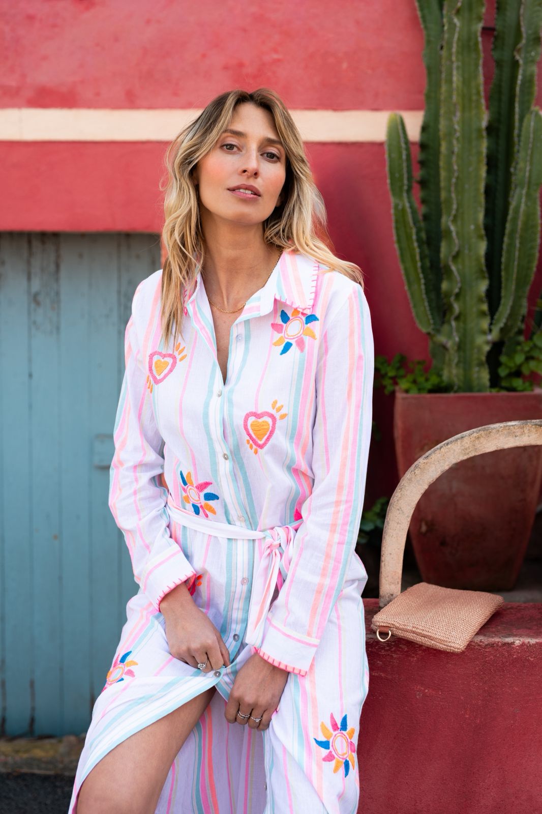 Fiesta Stripe Heart-Embroidered Shirt Dress