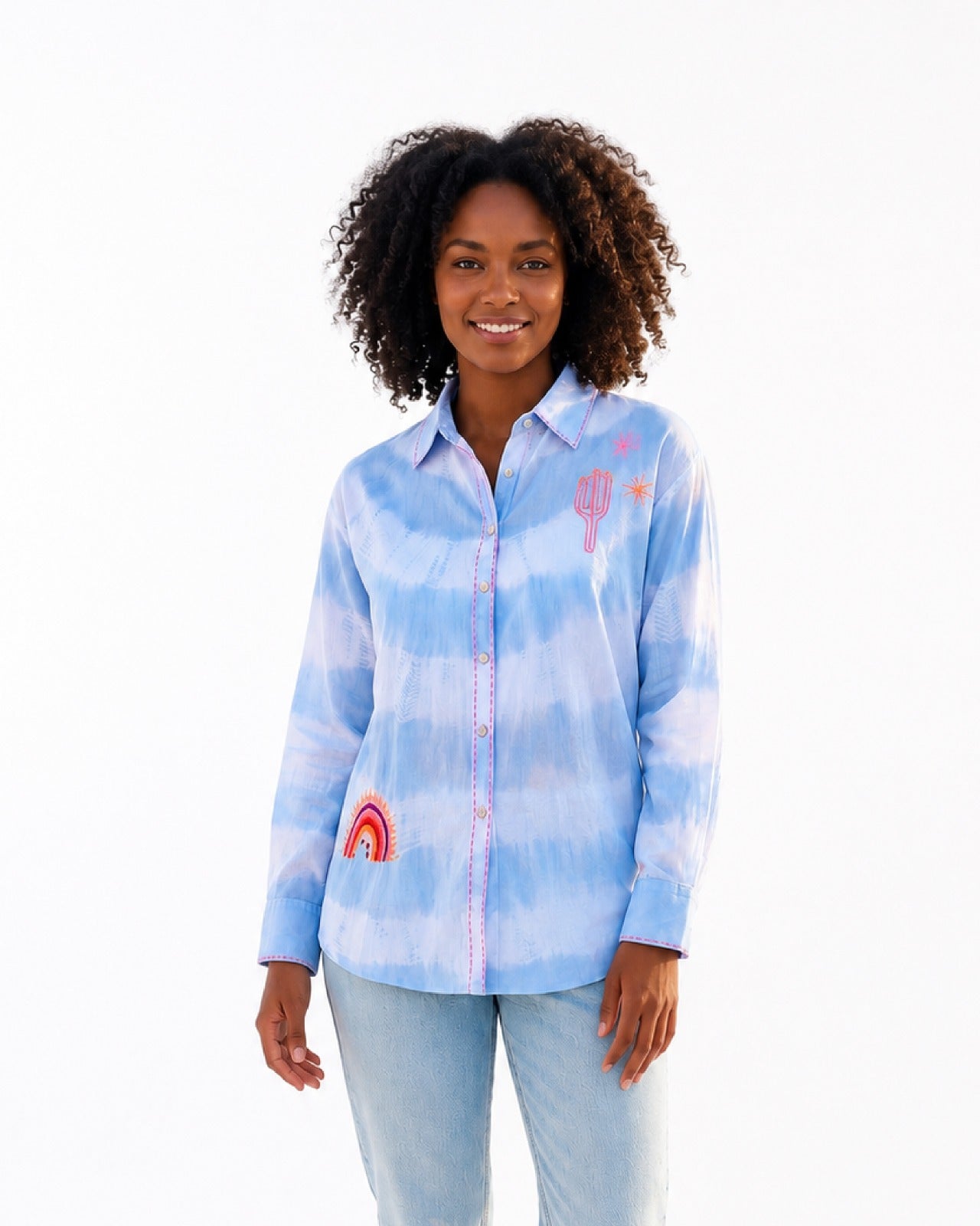 Cactus Rainbow Tie-Dye Button-Up Shirt