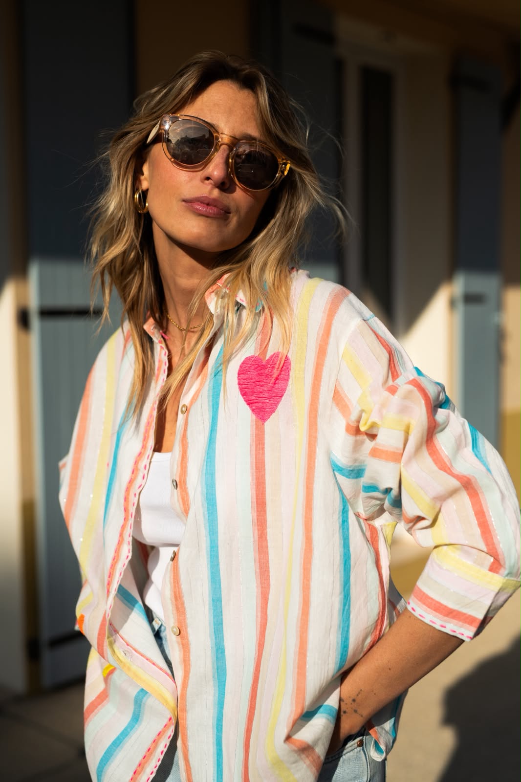 Stripes Heart-Embroidered Shirt