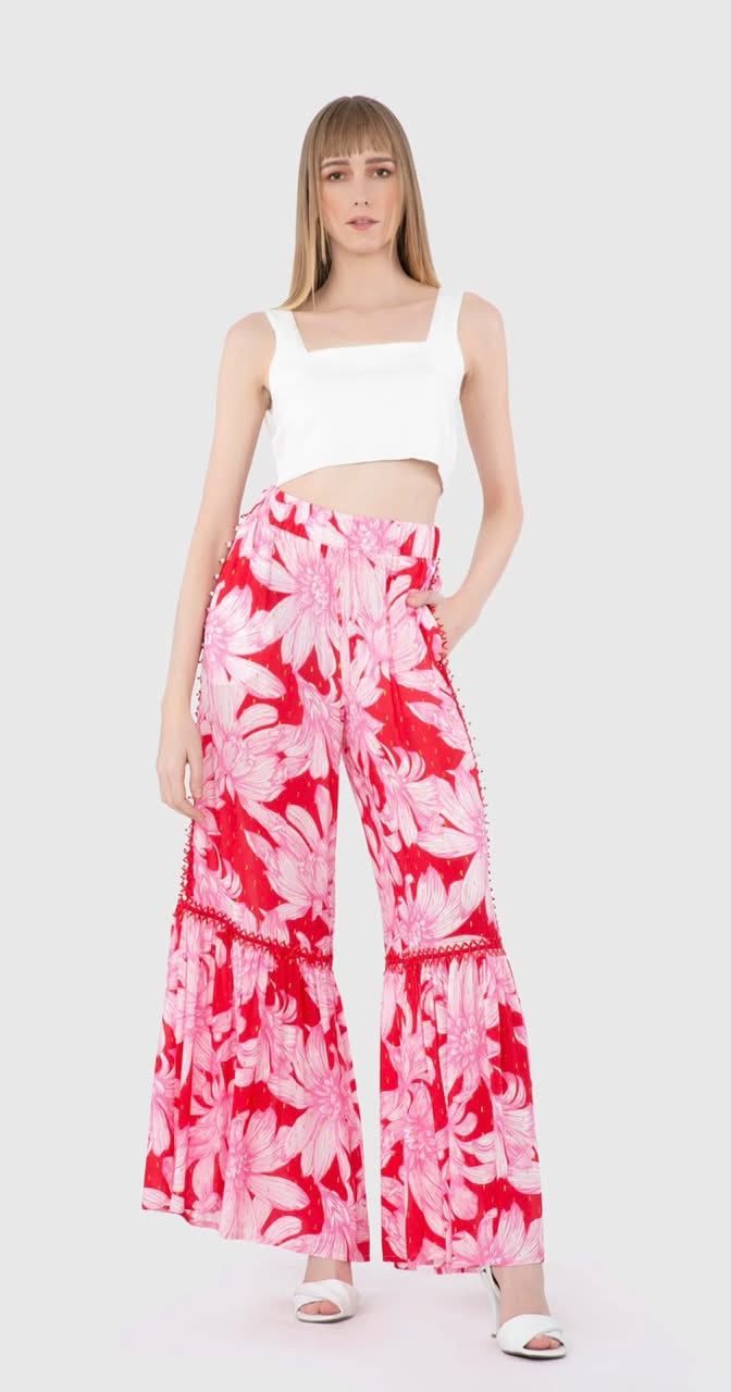 Crimson Bloom Palazzo Pants